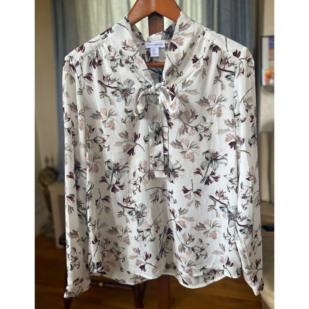 Carolina Belle Women's S White Floral V-Neck Long Sleeve Tie Neck Blouse